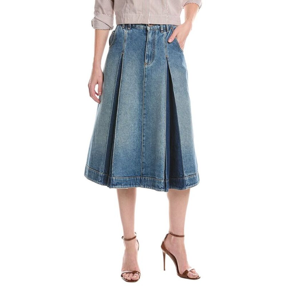 Balmain Womens  Vintage Blue Denim Pleated Midi Skirt, Blue